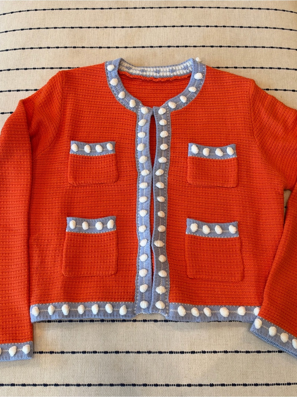 Orange Knit Cardigan Jacket with Blue Trim